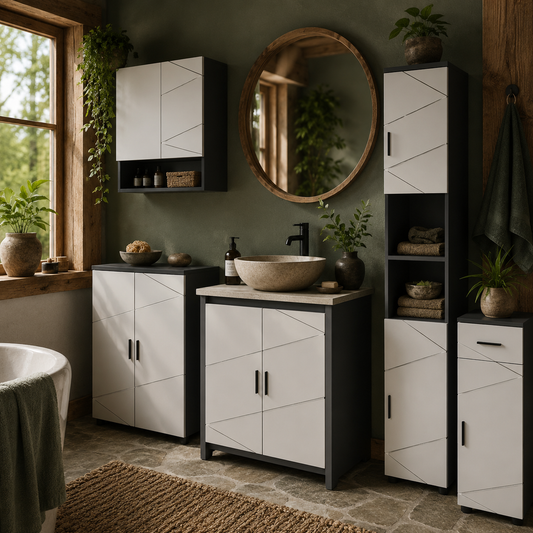 Elva 5 Piece Bathroom Furniture Set With Tall Cabinets Mirror And Pedestal Sink Storage Grey