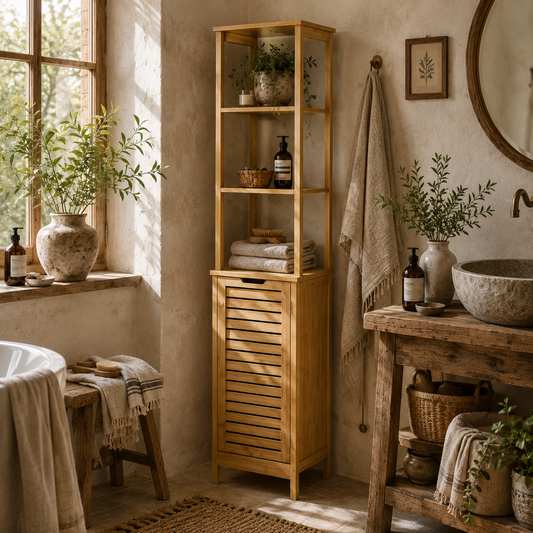 Rolema Tall Slim Bamboo Bathroom Storage Cabinet With 3 Tier Shelving Natural Finish