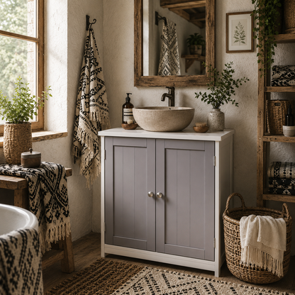 Rova Compact Under Sink Bathroom Storage Cabinet With Adjustable Shelf And Drain Cut Out White And Grey
