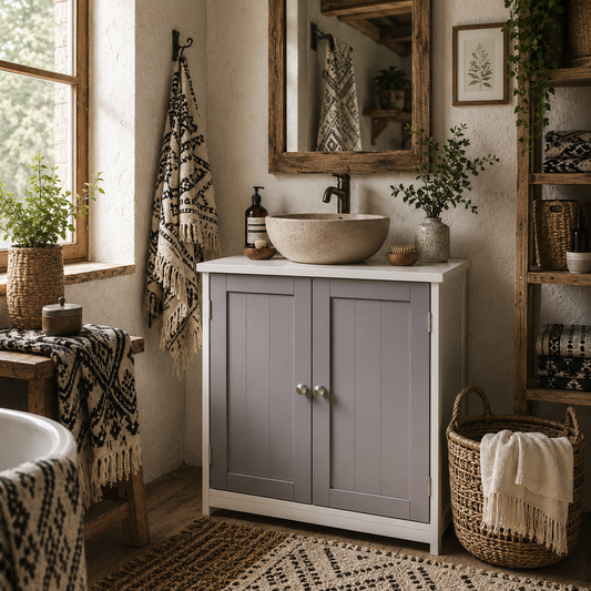 Rova Compact Under Sink Bathroom Storage Cabinet With Adjustable Shelf And Drain Cut Out White And Grey