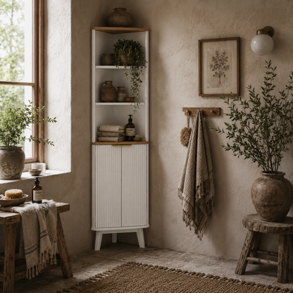 Ledira Tall Slim Freestanding Bathroom Storage Cabinet With Curved Profile Doors And Adjustable Shelves White