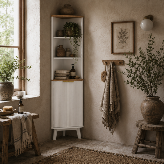 Ledira Tall Slim Freestanding Bathroom Storage Cabinet With Curved Profile Doors And Adjustable Shelves White