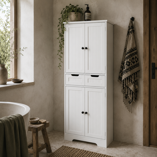 Lucola Tall Freestanding Bathroom Storage Cabinet In White