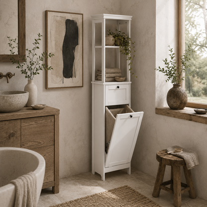 Elnova Tall Bathroom Storage Cabinet With Integrated Laundry Basket White