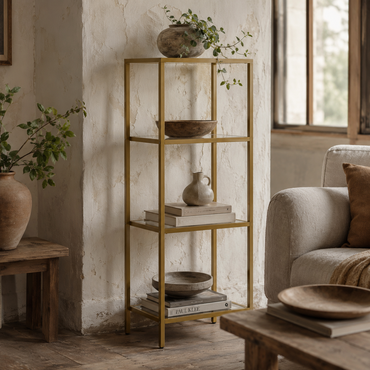 Nopatti Metal And Glass Gold Tone 4 Tier Vertical Display Shelving Unit