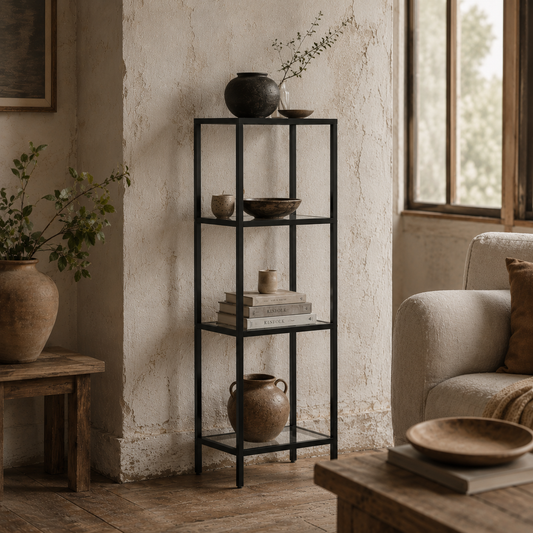 Elso Metal And Glass Black 4 Tier Vertical Shelving Unit For Living And Office Use