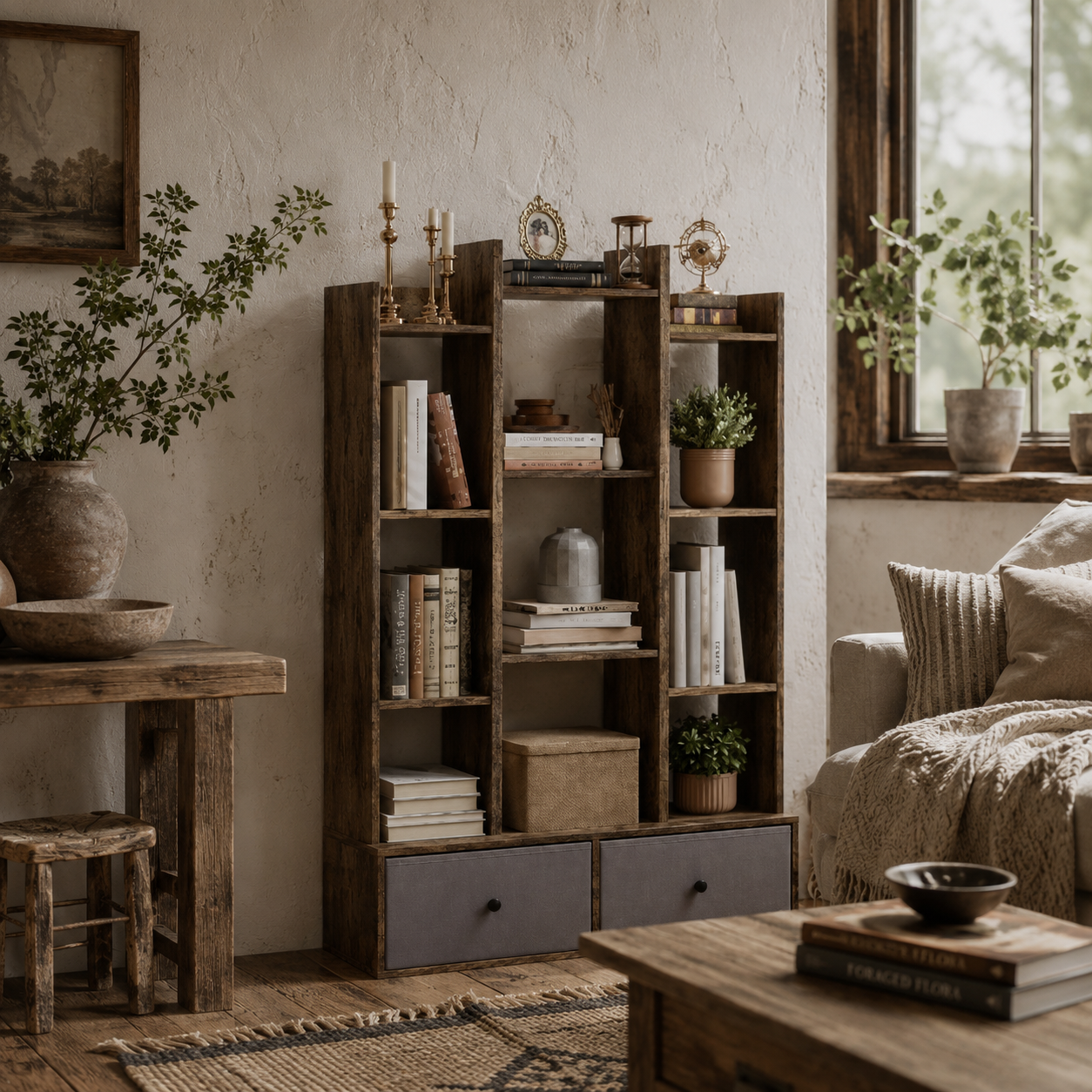 Nero Wooden Brown 12 Compartment Storage Unit With Drawers