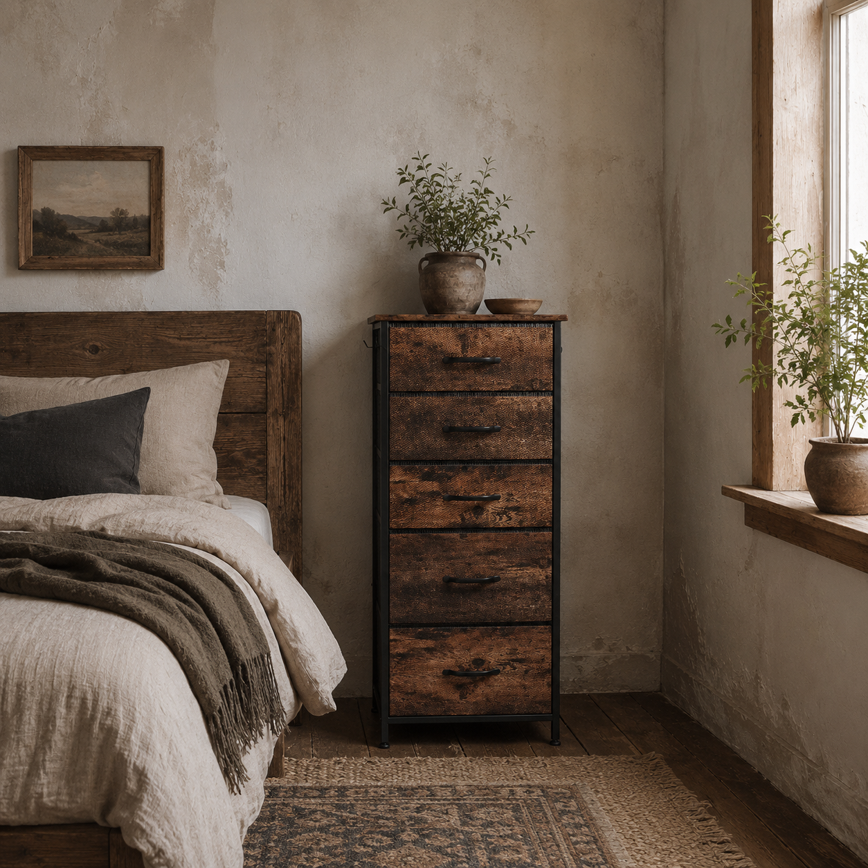 Kepa Fabric And Metal Rustic Brown 5 Drawer Storage Chest