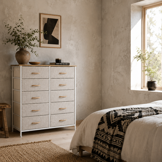 Lilu Fabric And Metal Beige 10 Drawer Storage Chest