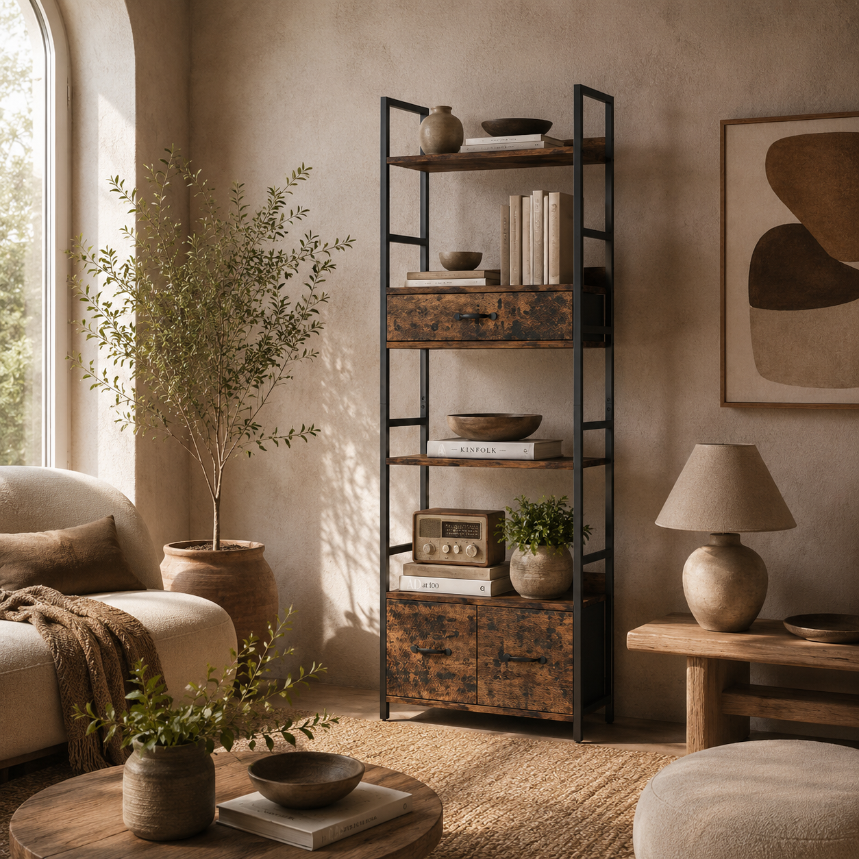 Cova Metal And Wood Brown And Black Industrial Bookcase With 4 Shelves And Fabric Drawers