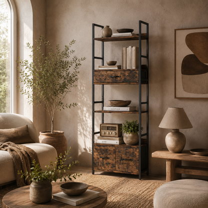 Cova Metal And Wood Brown And Black Industrial Bookcase With 4 Shelves And Fabric Drawers