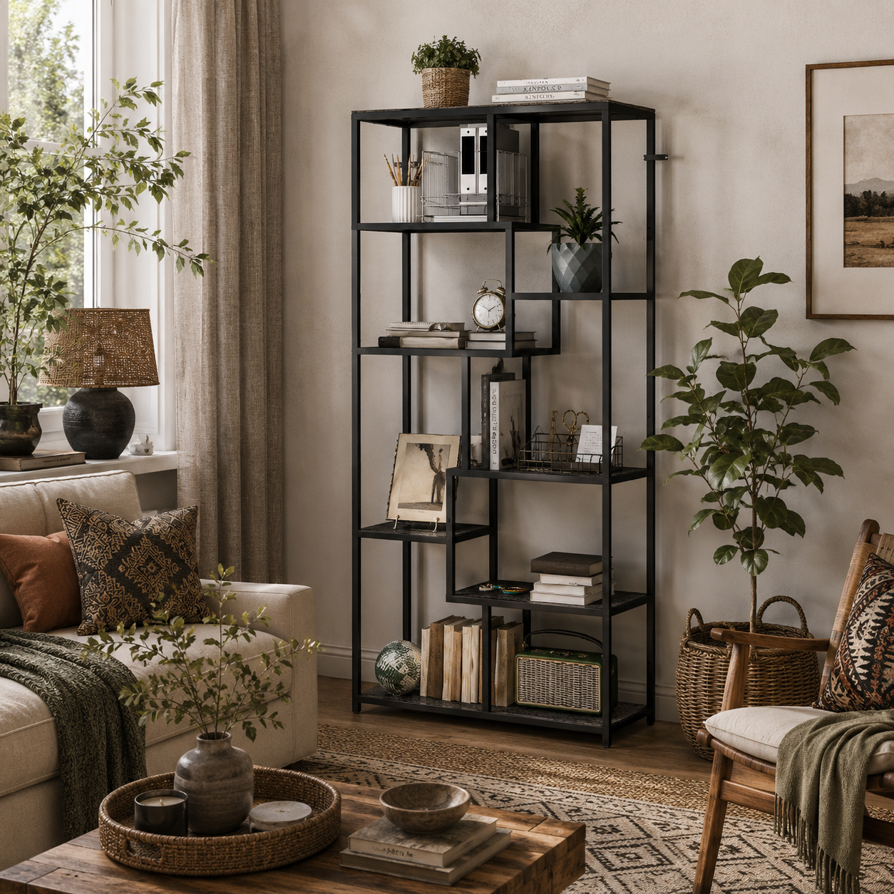 Sudina Metal And Wood Grey And Black 7 Tier Geometric Display Bookcase