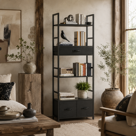 Laro Metal And Wood Grey And Black Industrial Bookcase With 4 Shelves And Fabric Drawers