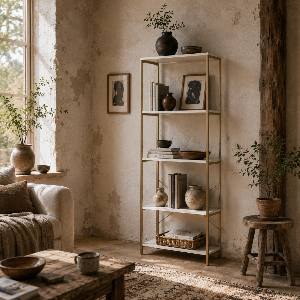 Lazila Metal And Wood White And Gold Tone 5 Tier Modern Bookcase