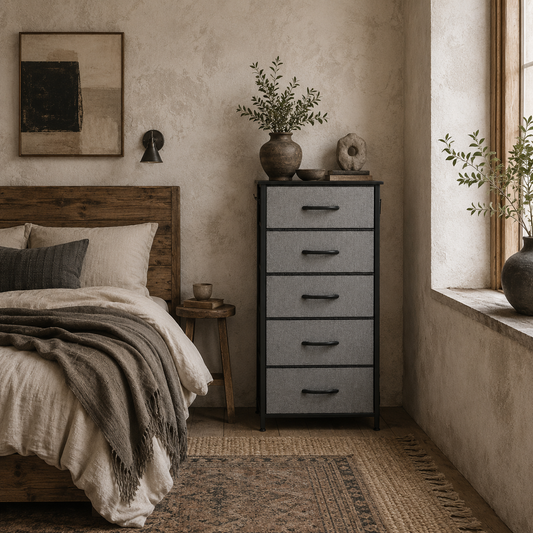 Suha Fabric And Metal Charcoal Grey 5 Drawer Storage Chest