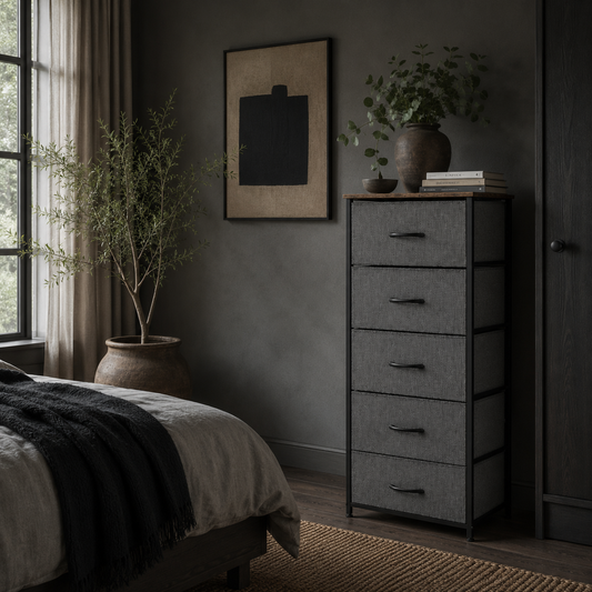 Elno Nano Metal And Fabric Rustic Brown And Grey 5 Drawer Industrial Storage Dresser