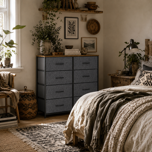 Rene Metal And Fabric Rustic Brown And Grey 8 Drawer Industrial Storage Dresser