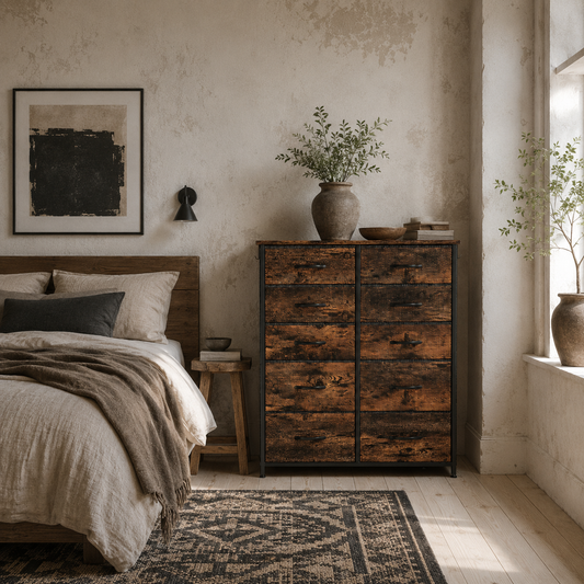 Nalima Fabric And Metal Rustic Brown 10 Drawer Storage Chest