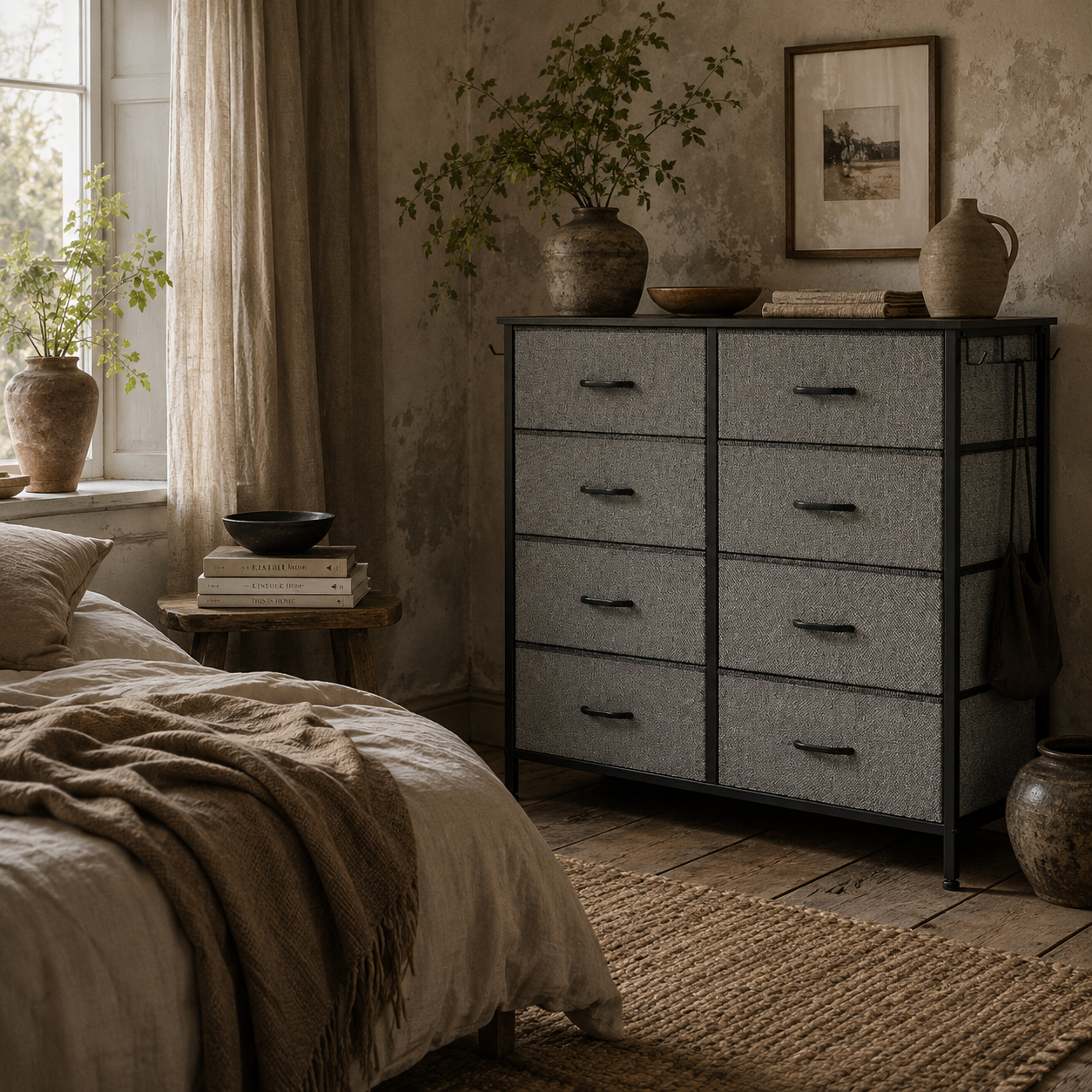 Niri Fabric And Metal Charcoal Grey 8 Drawer Storage Chest