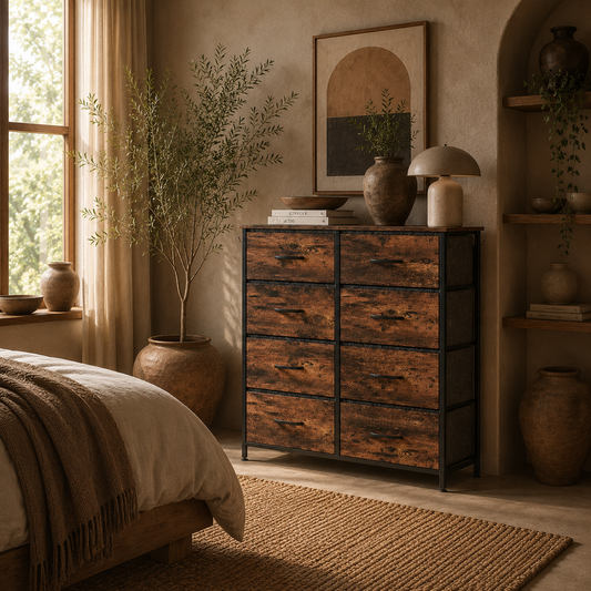 Nive Fabric And Metal Rustic Brown 8 Drawer Storage Chest