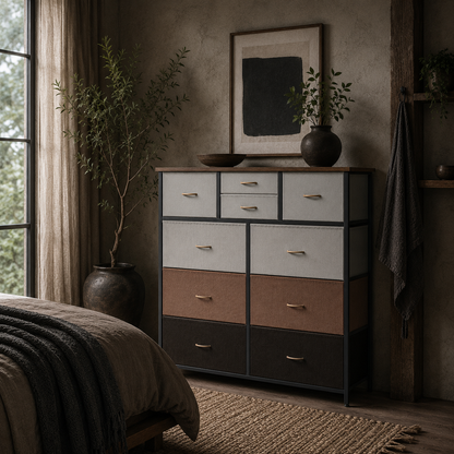 Sare Metal And Fabric Multicolour 10 Drawer Storage Dresser With Foldable Drawers And Steel Frame