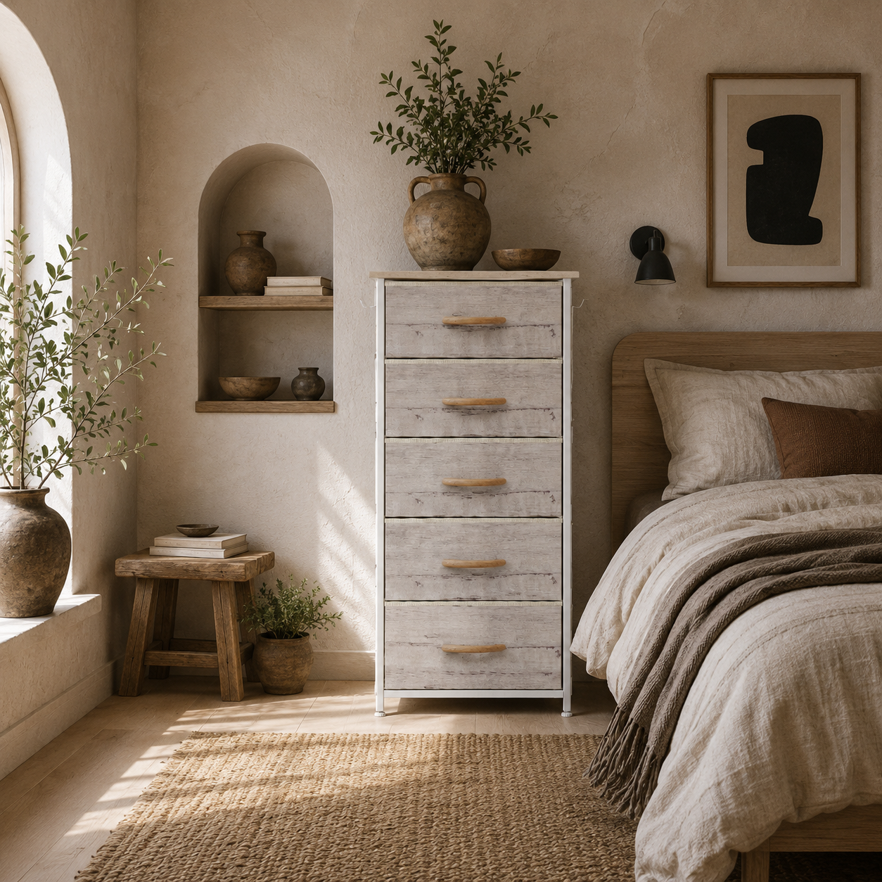 Sudo Fabric And Metal Natural Wood Finish 5 Drawer Storage Chest