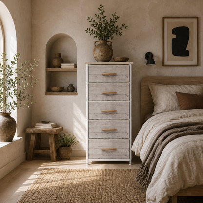Sudo Fabric And Metal Natural Wood Finish 5 Drawer Storage Chest