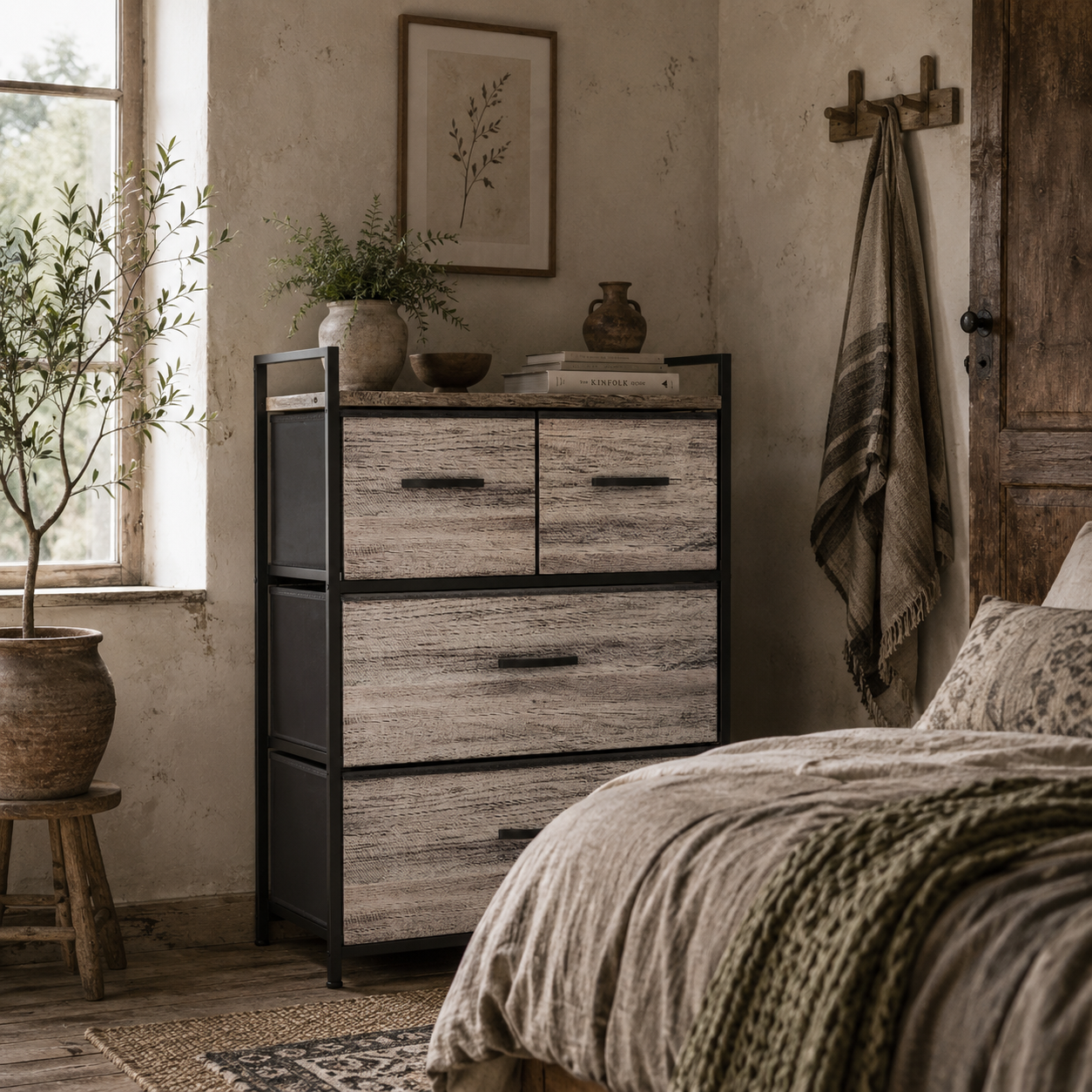 Doyo Elso Fabric And Wood Grey Wood Effect 4 Drawer Rustic Storage Chest