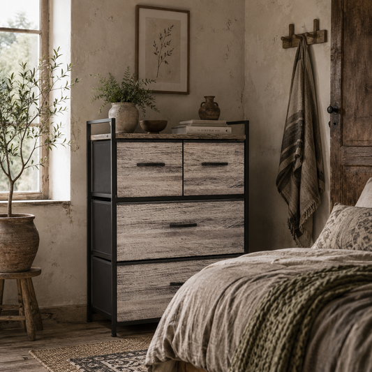 Doyo Elso Fabric And Wood Grey Wood Effect 4 Drawer Rustic Storage Chest