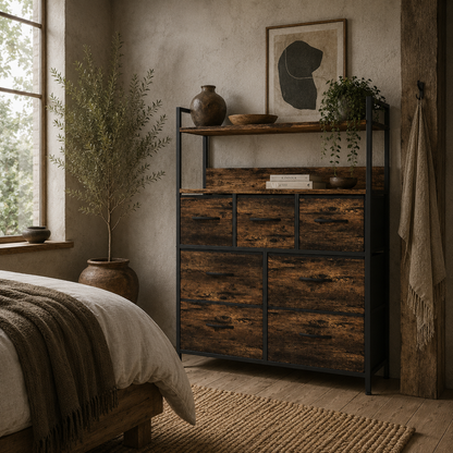 Haco Fabric And Wood Rustic Brown 7 Drawer Rustic Storage Chest