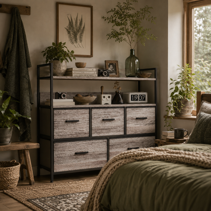 Rimo Fabric And Wood Grey Wood Effect 5 Drawer Rustic Storage Chest
