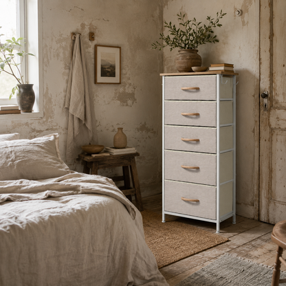 Batoro Fabric And Metal Beige 5 Drawer Storage Chest