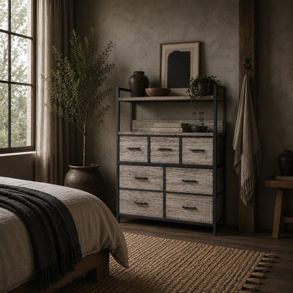 Norale Fabric And Wood Grey Wood Effect 7 Drawer Rustic Storage Chest