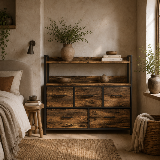 Yoyota Fabric And Wood Rustic Brown 5 Drawer Rustic Storage Chest