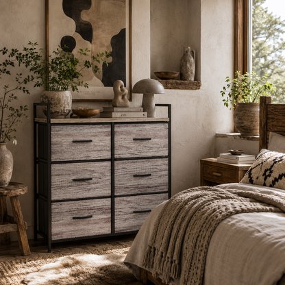 Ferris Fabric And Wood Grey Wood Effect 6 Drawer Rustic Storage Chest