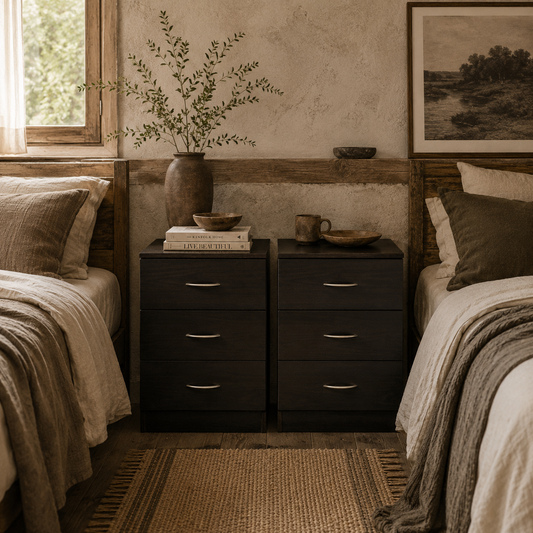 Salasa Set Of 2 Dark Brown Bedside Tables With 3 Drawers and Metal Handles