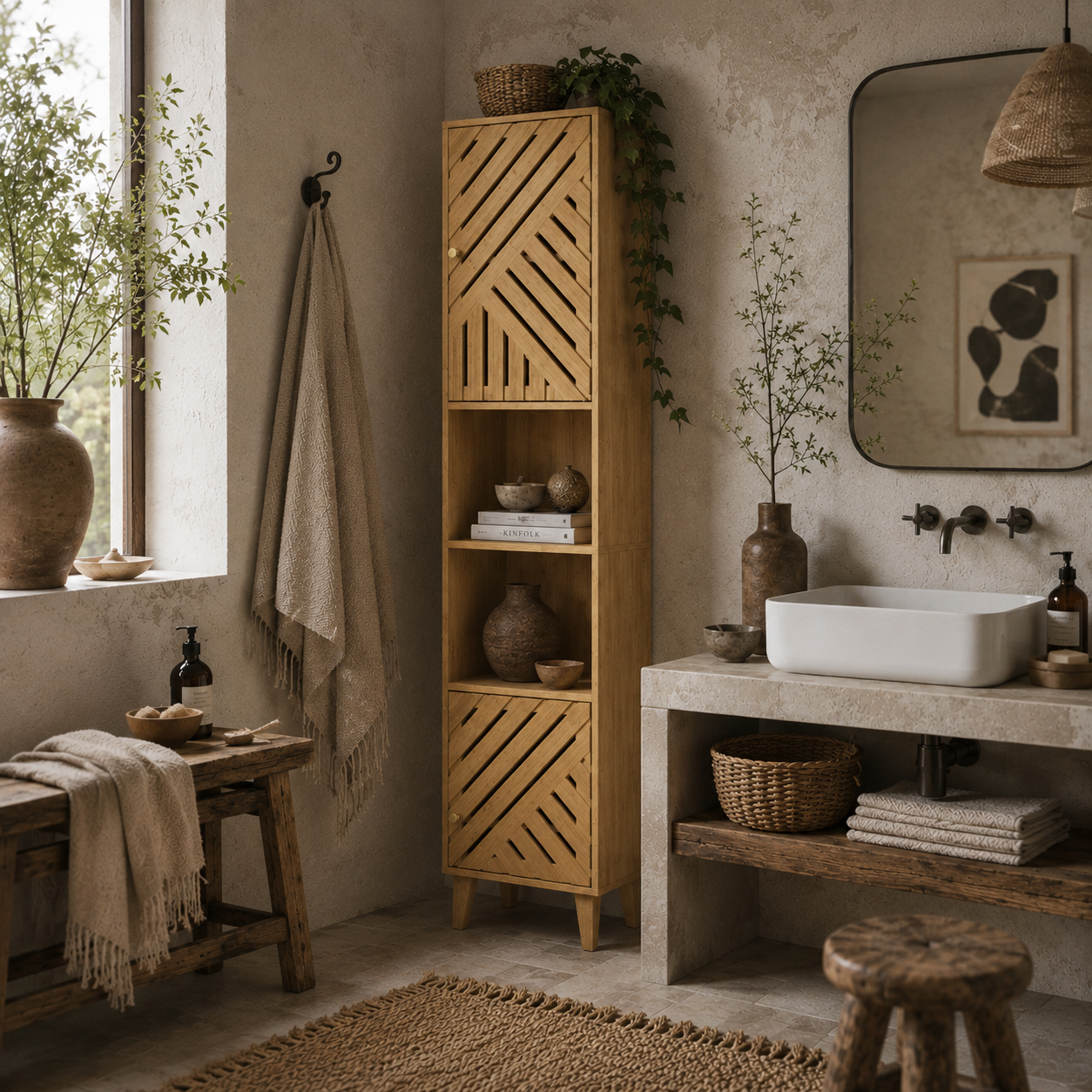 Hami Bathroom Storage Cabinet With Bamboo Door And Multi Storage Layout Natural Finish