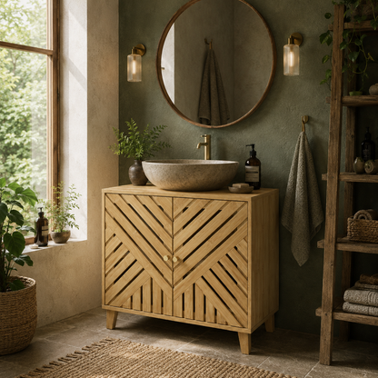 Limifi Bamboo Under Sink Bathroom Storage Cabinet With Adjustable Shelving Natural Finish
