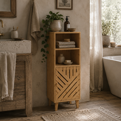 Mire Slim Freestanding Bathroom Storage Cabinet With Bamboo Door Legs And OFauxn Compartments Natural Wood Finish