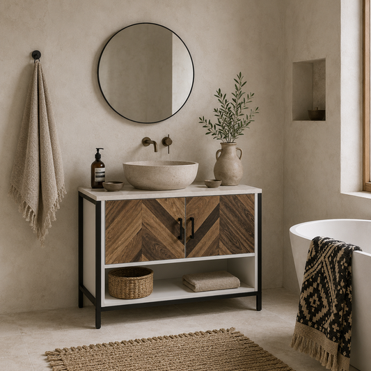 Saha Rato Rustic Cream White Under Sink Cabinet With Herringbone Doors And OFauxn Compartment