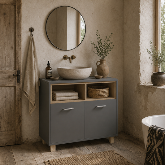 Cosano Freestanding Bathroom Storage Cabinet With Open Compartments And Double Doors