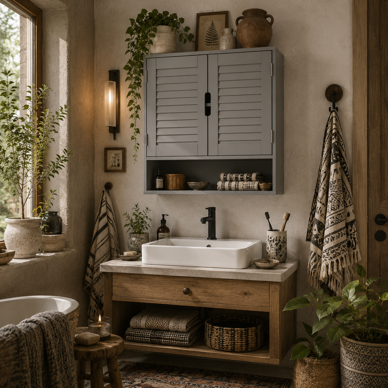 Zilikane Wall Mounted Bathroom Storage Cabinet With Adjustable Shelves Grey 60 x 20 x 60cm