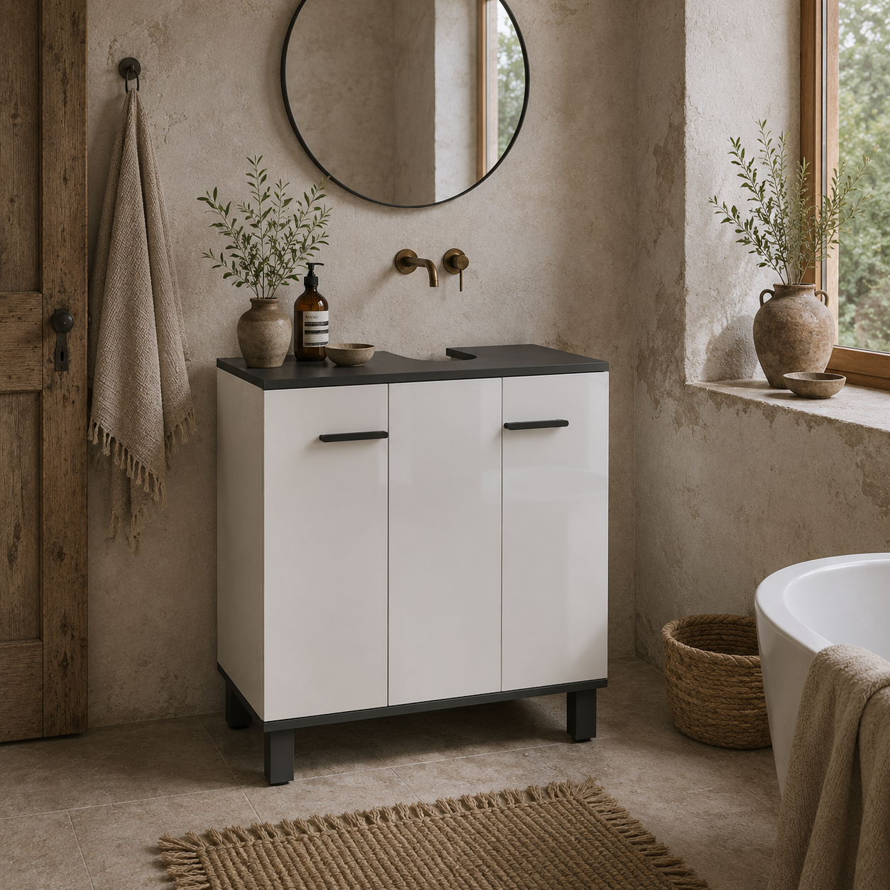 Karesala High Gloss White Modern Under Sink Bathroom Storage Cabinet