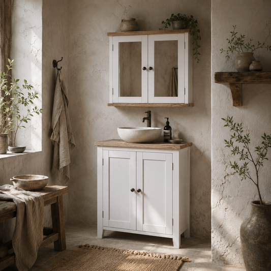 Lumo Bathroom Furniture Set With Wall Mirror Cabinet And Sink Storage White And Wood Grain