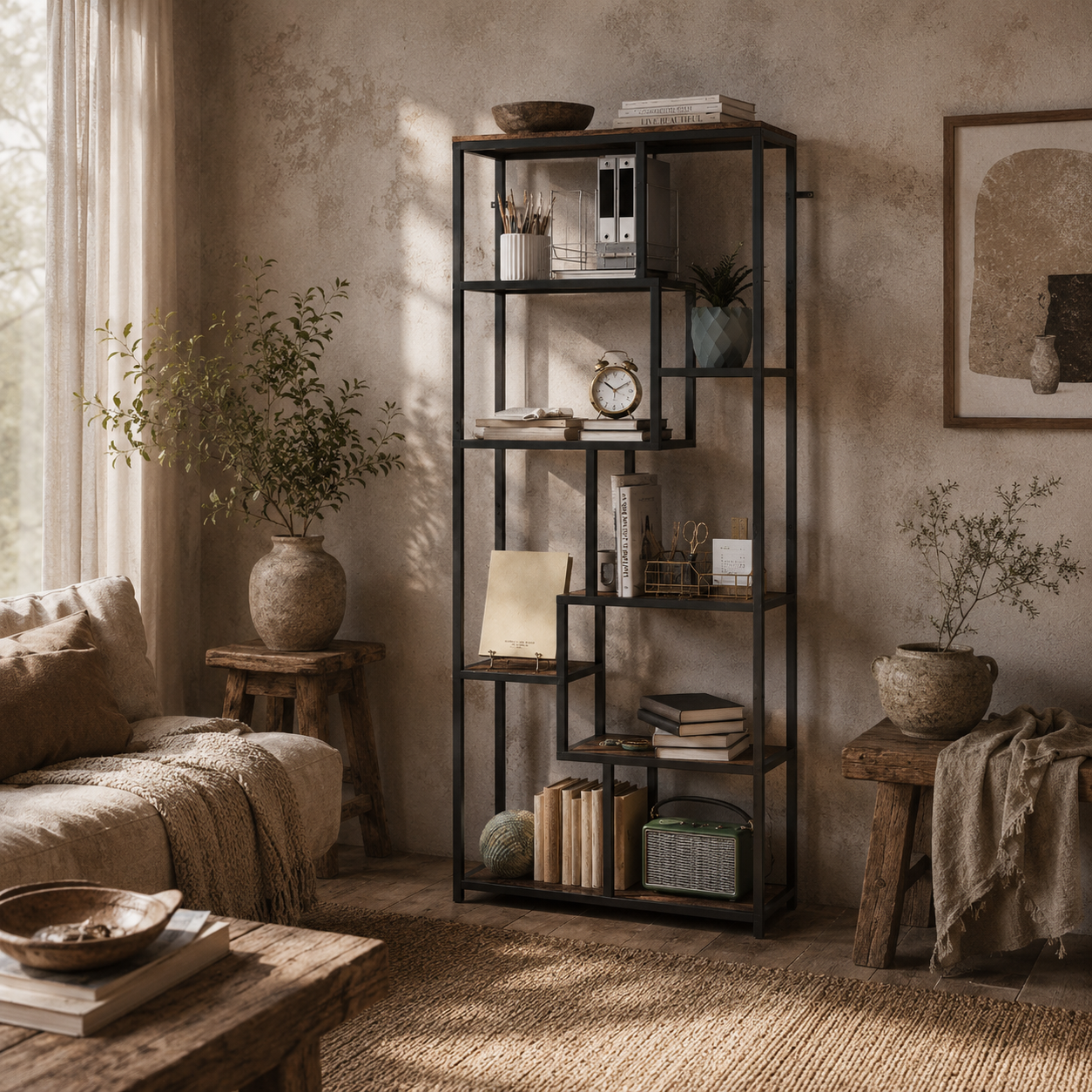 Lulomi Wood And Metal Brown And Black 7 Tier Geometric Display Bookcase
