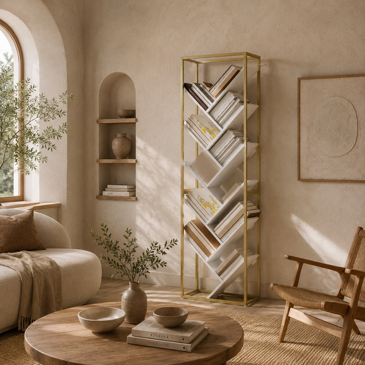 Loelne Wood And Metal Gold Tone And White 10 Tier Modern Display Bookcase