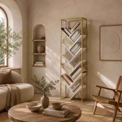 Loelne Wood And Metal Gold Tone And White 10 Tier Modern Display Bookcase