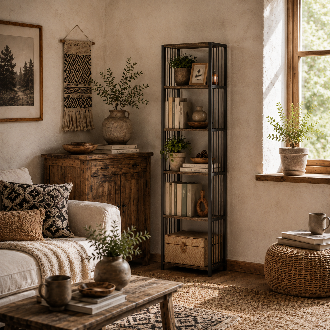 Remo Metal And Wood Rustic Brown 5 Tier Bookshelf With Steel Frame