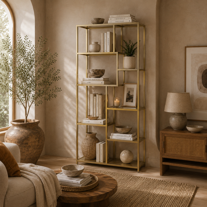 Lolaha Wood And Metal White And Gold Tone 7 Tier Geometric Display Bookcase