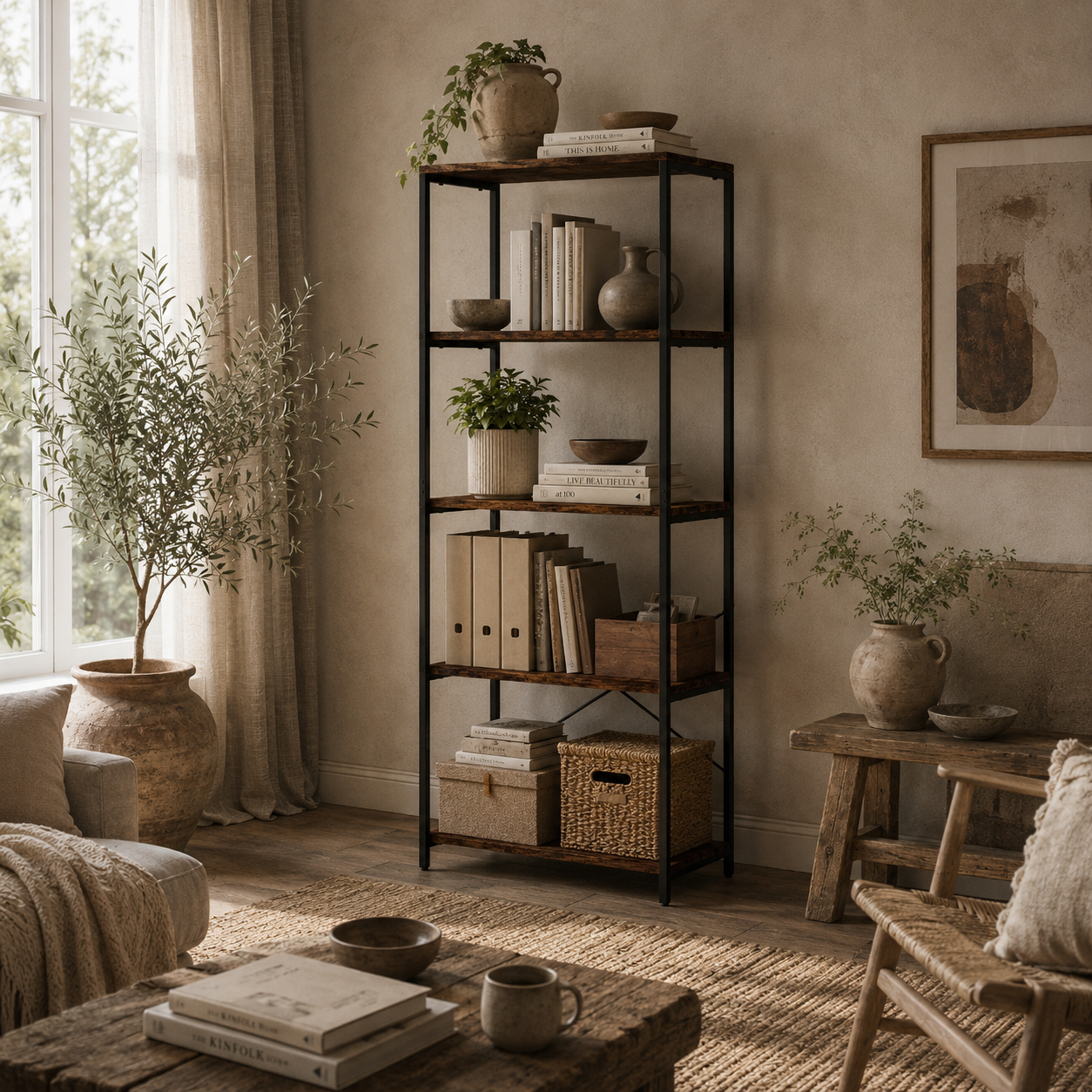 Ravitti Metal And Wood Rustic Brown And Black 5 Tier Industrial Bookcase